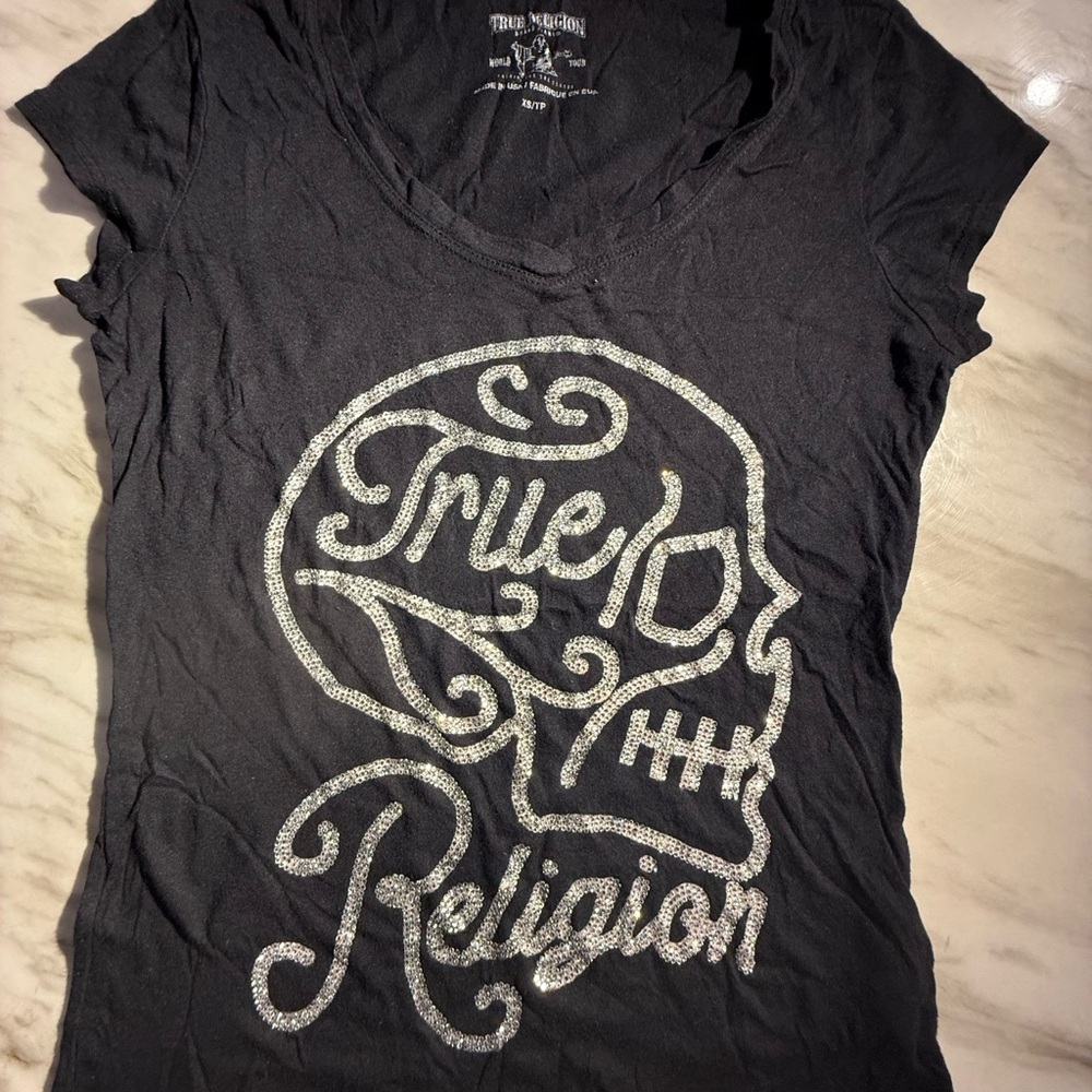 True Religion Black Short-Sleeve Tee with Rhinestone Skull Logo